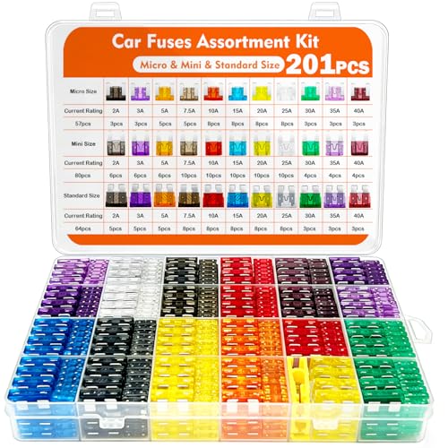 201Pcs Car Fuses Assorted Kit, 3 Types Automotive Fuse Set - 80 Mini+64 Standard+57 Micro,2A-40A,