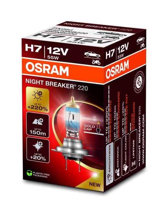 OSRAM NIGHT BREAKER 220 H7  +220% more brightness, halogen headlight lamp, Folding Box (2 lamps)