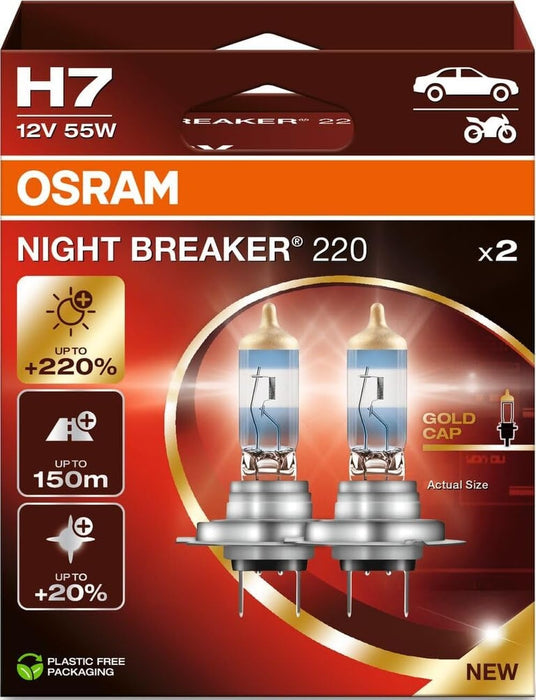 OSRAM NIGHT BREAKER 220 H7  +220% more brightness, halogen headlight lamp, Folding Box (2 lamps)