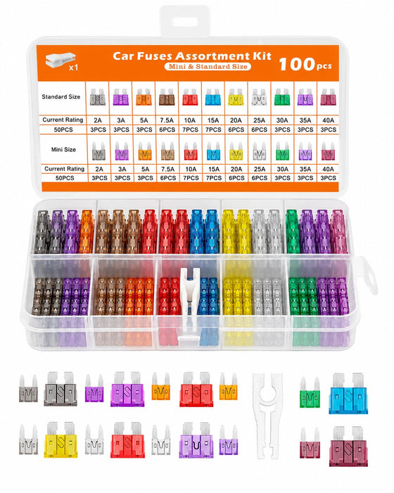 100 PCS Car Fuse Kit , 50 Mini & 50 Standard 1 Puller,2A-40A