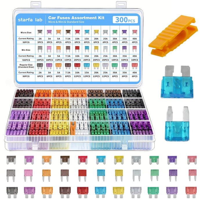 300pcs Car Fuses Kit 160 Mini & 90 Standard & 50 Micro Blade Fuses Assorted Set 2A-40A