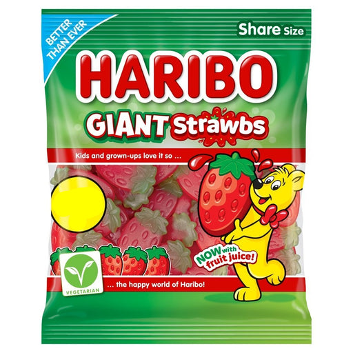 HARIBO Giant Strawbs Strawberry Flavour Chewy Jelly Sweets Sharing Bag 140g×12