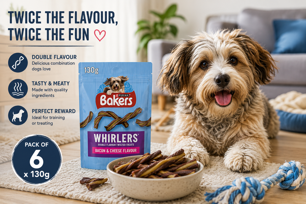 BAKERS Whirlers Bacon and Cheese Dog Treats Pack of 6 X130g